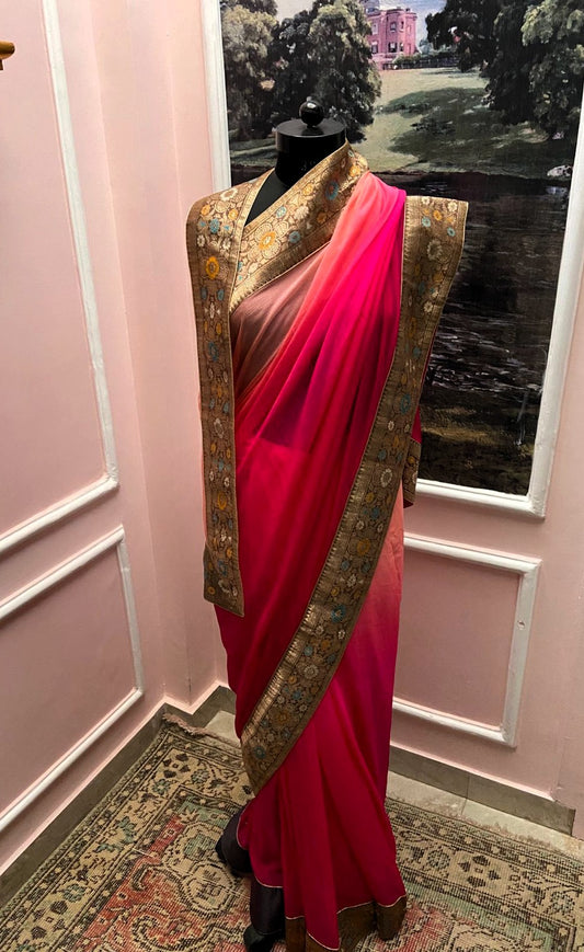 Pink Rani Shaded Antique Border Saree