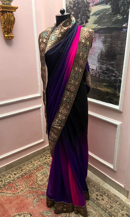Black Purple Shaded Antique Border Saree