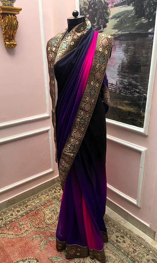 Black Purple Shaded Antique Border Saree