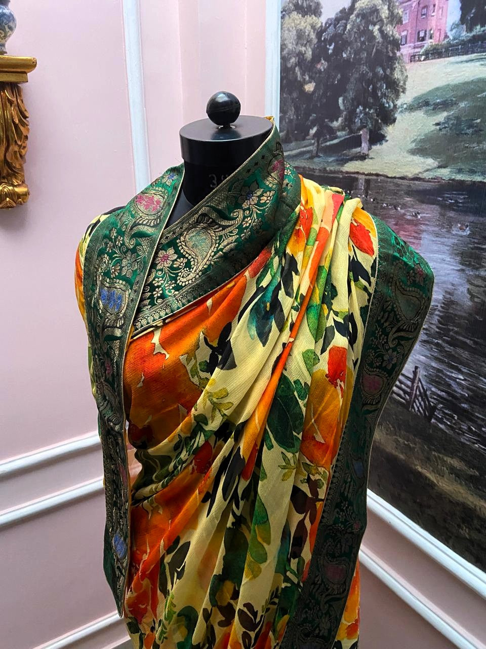 Floral Printed Antique Border Saree