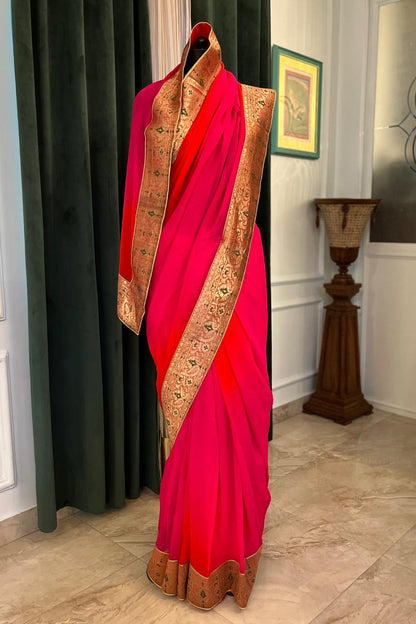 Red Shaded with Antique Border Saree