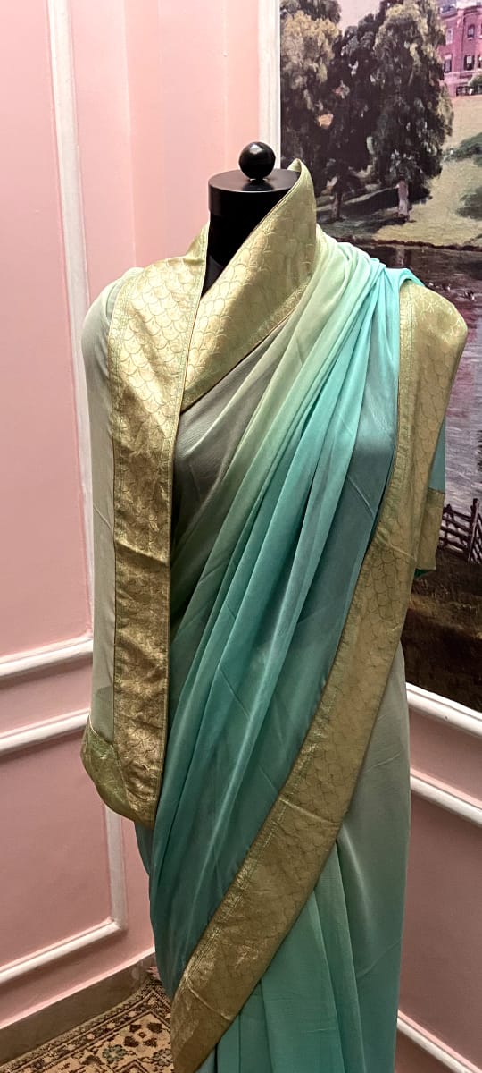 Aqua Blue Ombre Antique Border Saree