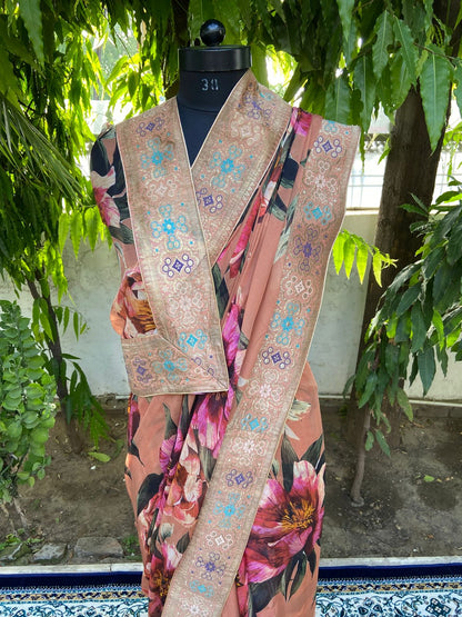 Brown floral antique border saree