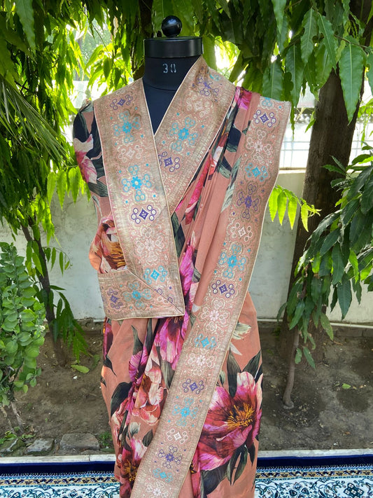 Brown floral antique border saree