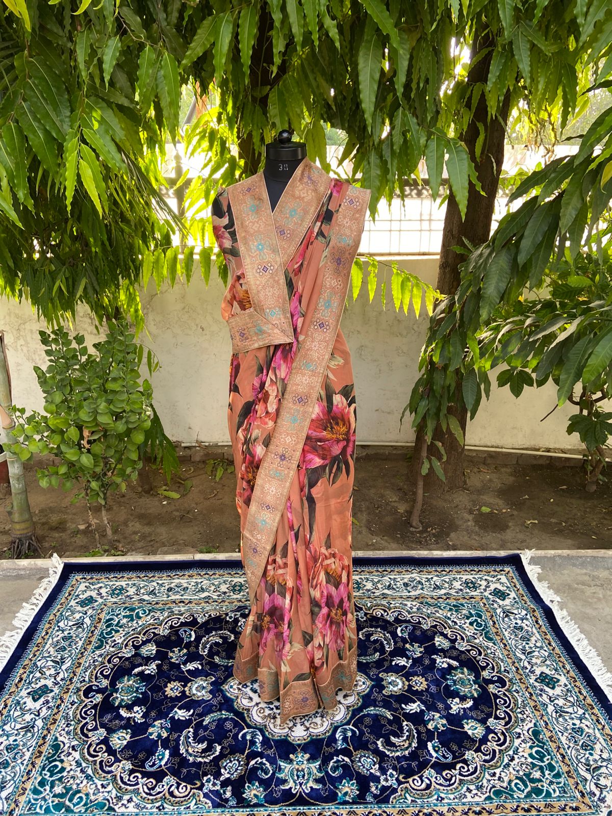 Brown floral antique border saree