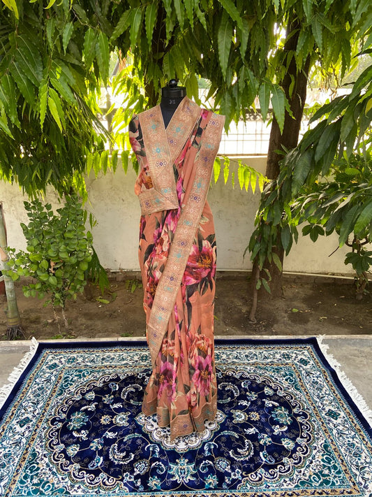 Brown floral antique border saree