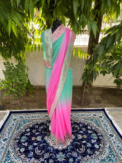 Sea green to pink antique border saree