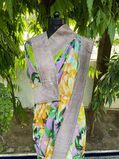 Purple floral antique border saree