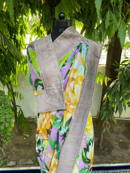 Purple floral antique border saree