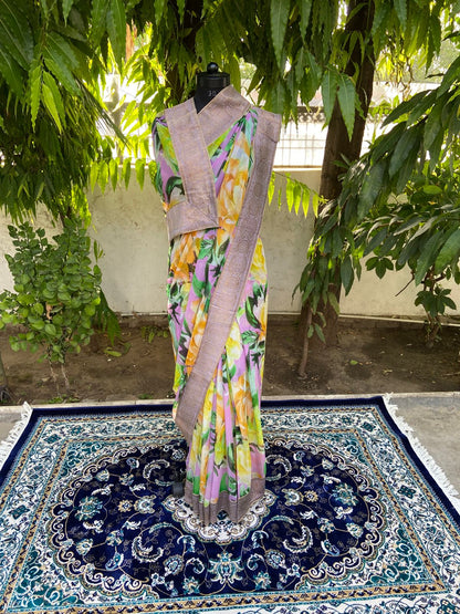 Purple floral antique border saree