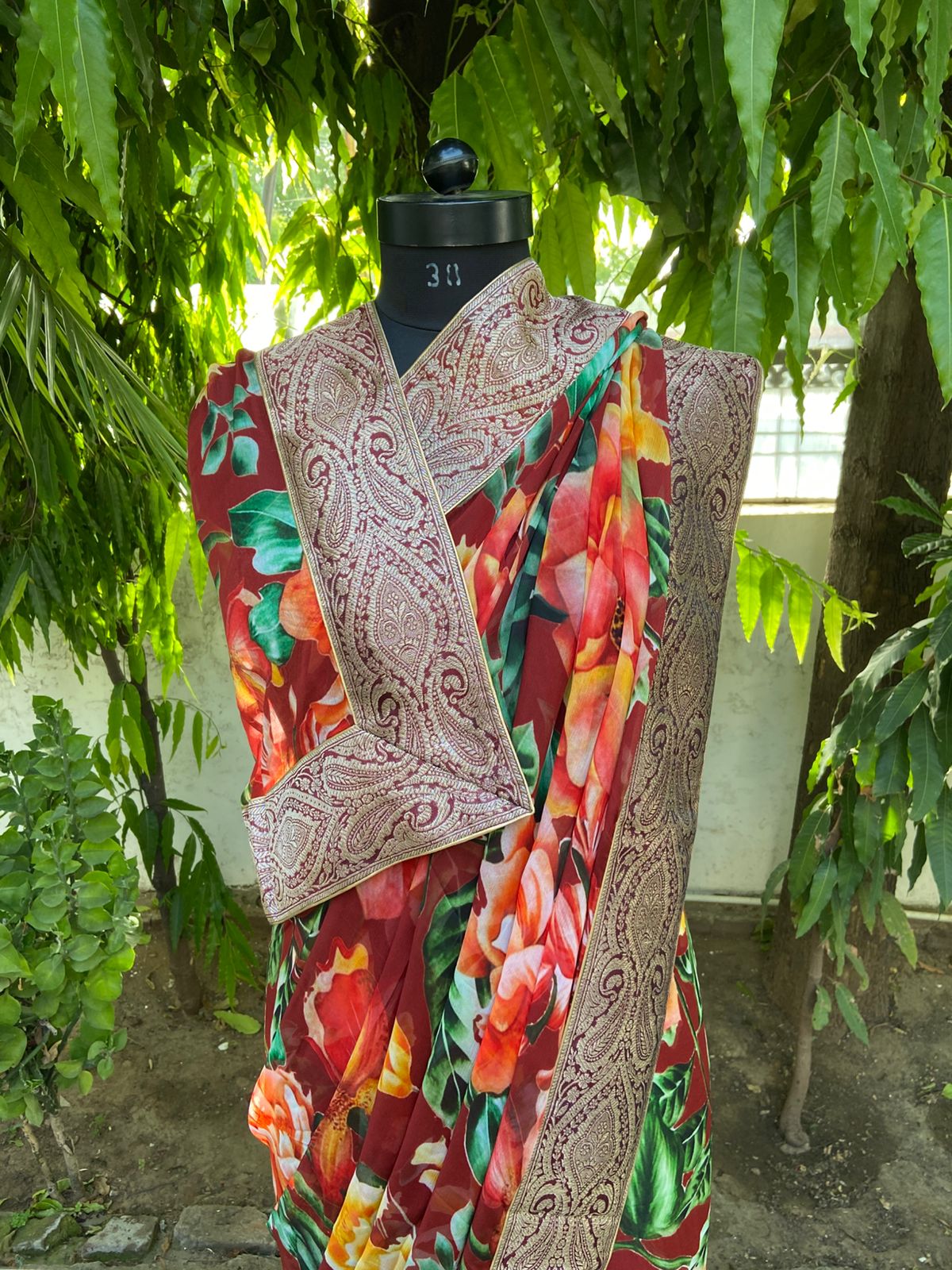 Tomato red antique border saree
