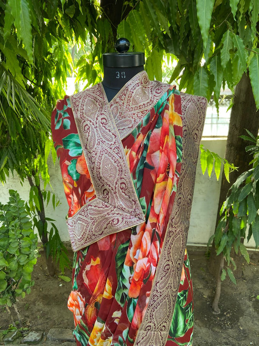 Tomato red antique border saree