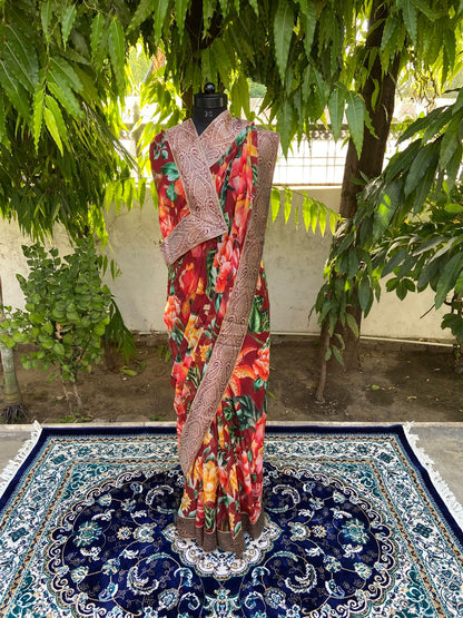 Tomato red antique border saree