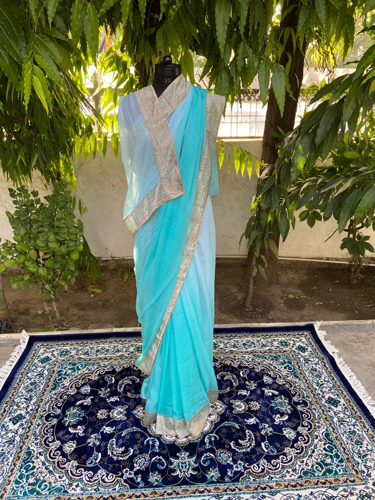 Aqua blue ombre antique border saree