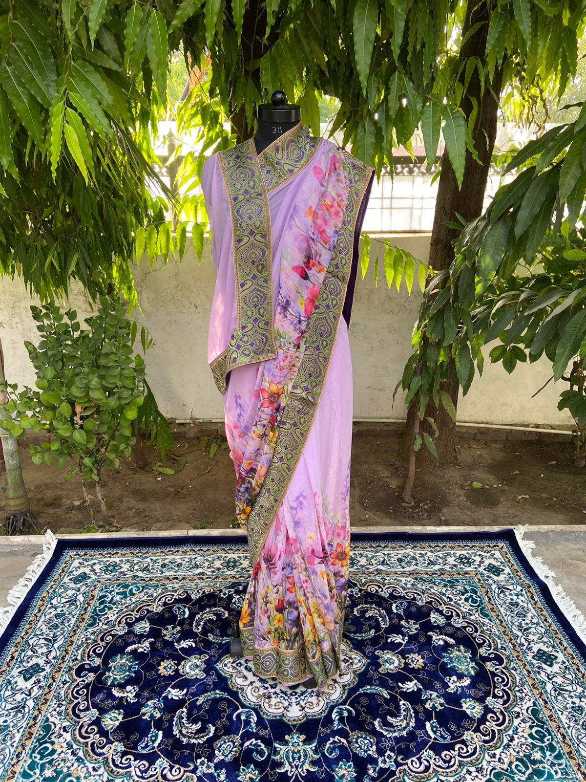 Lavender floral antique border saree