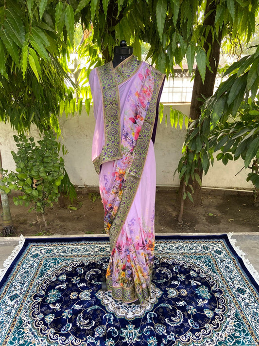 Lavender floral antique border saree