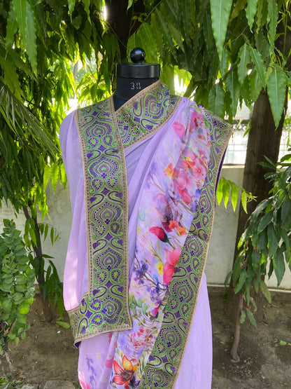 Lavender floral antique border saree