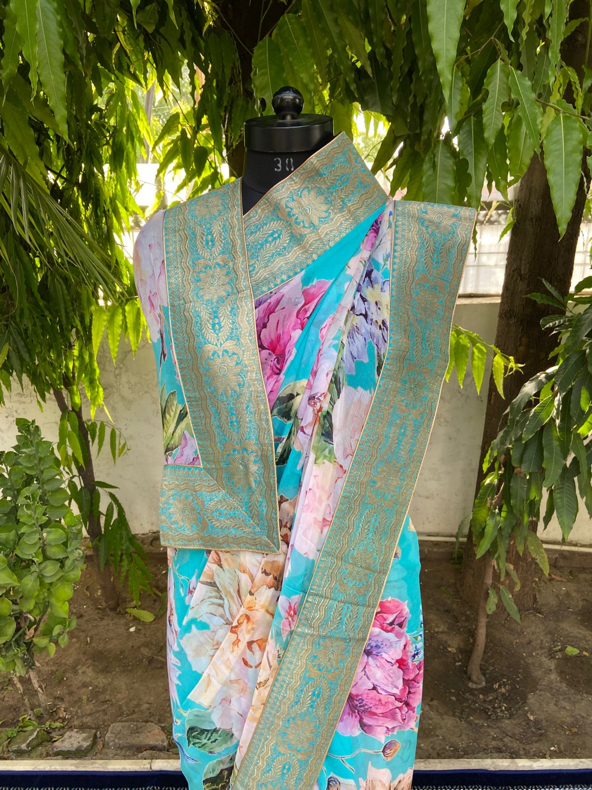 Aqua blue antique border saree