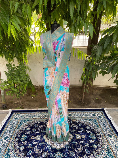 Aqua blue antique border saree