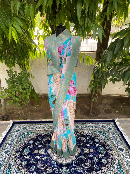 Aqua blue antique border saree
