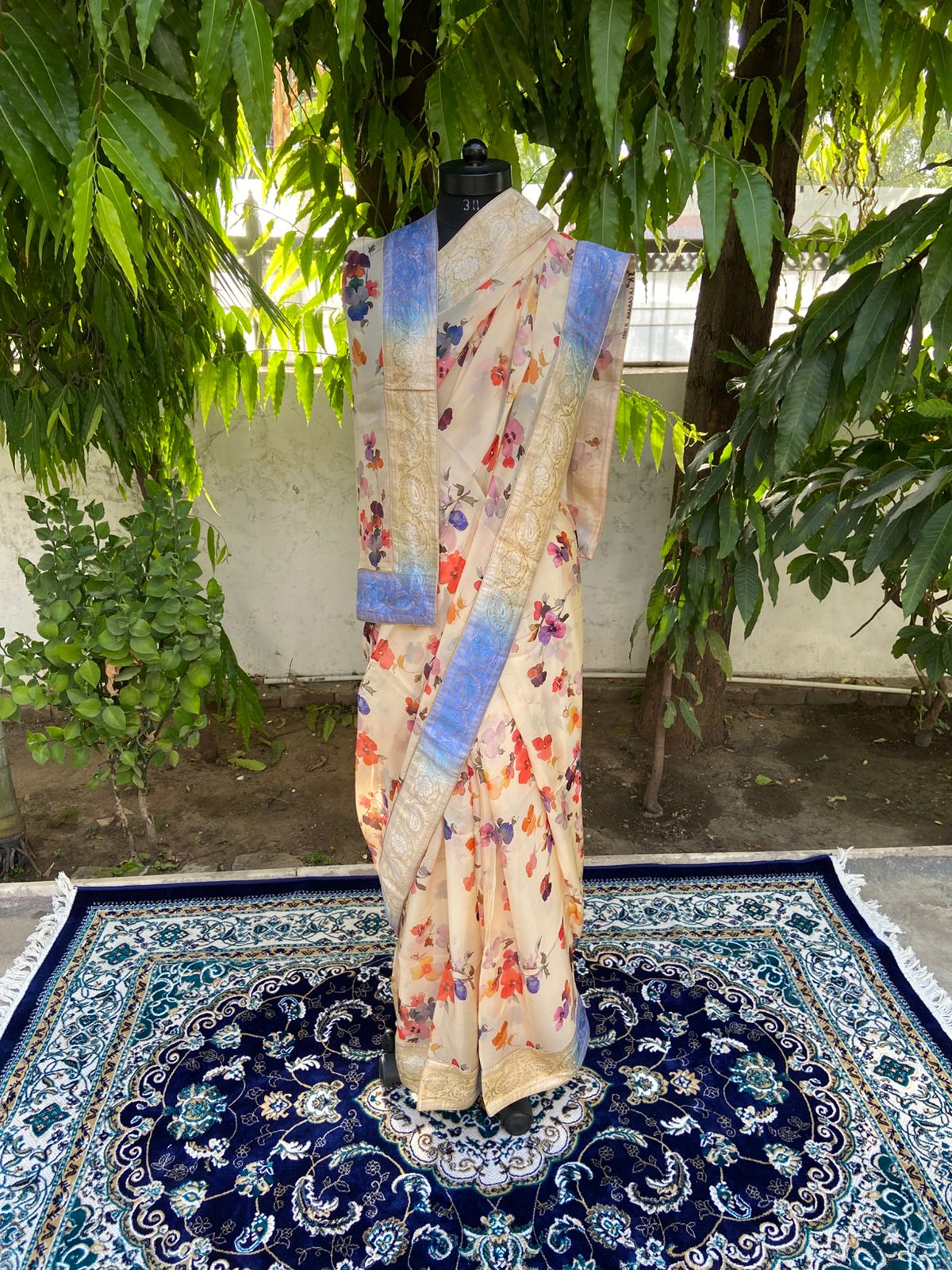 Beige antique border saree