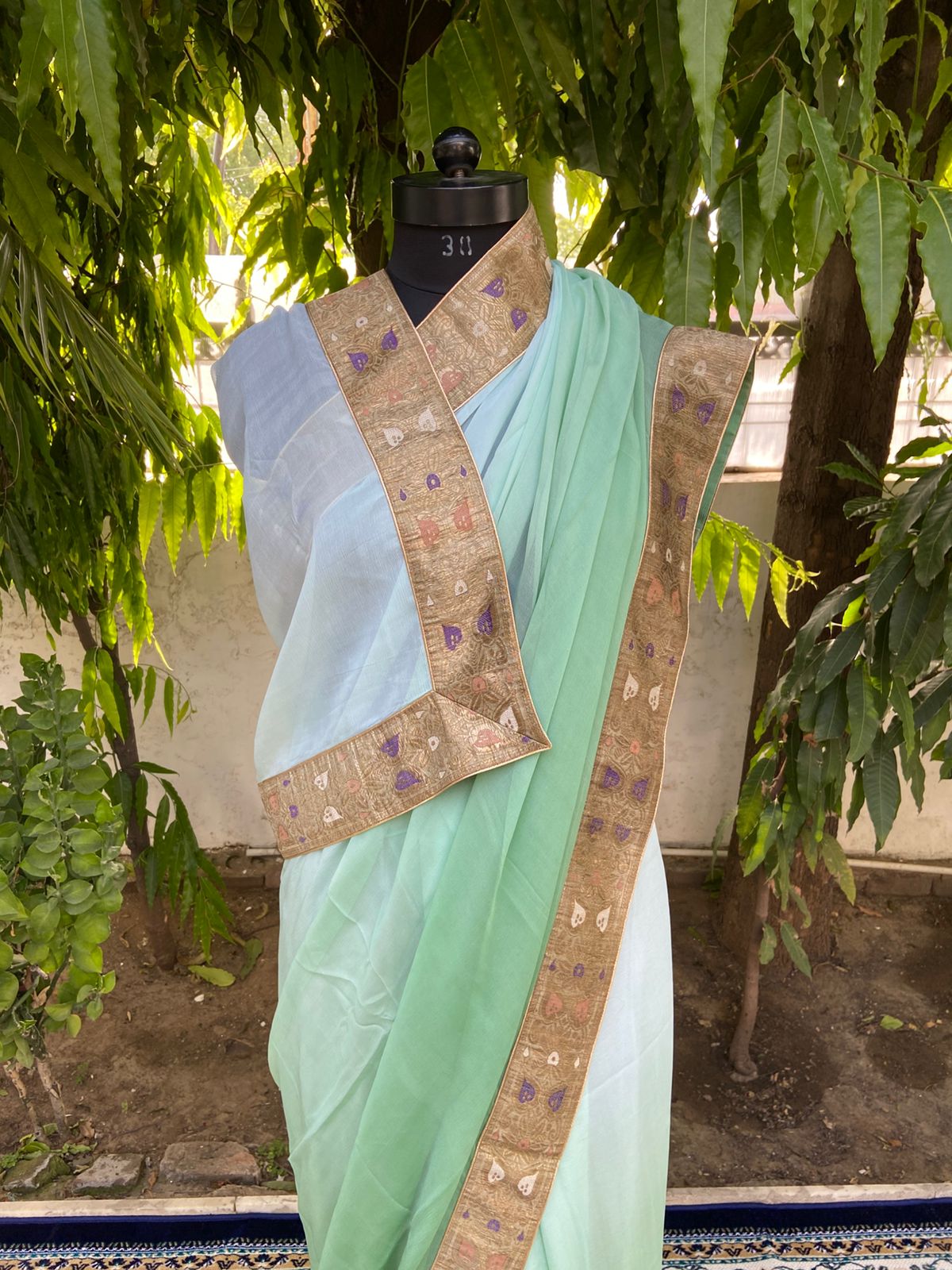 Sage green ombre antique border saree