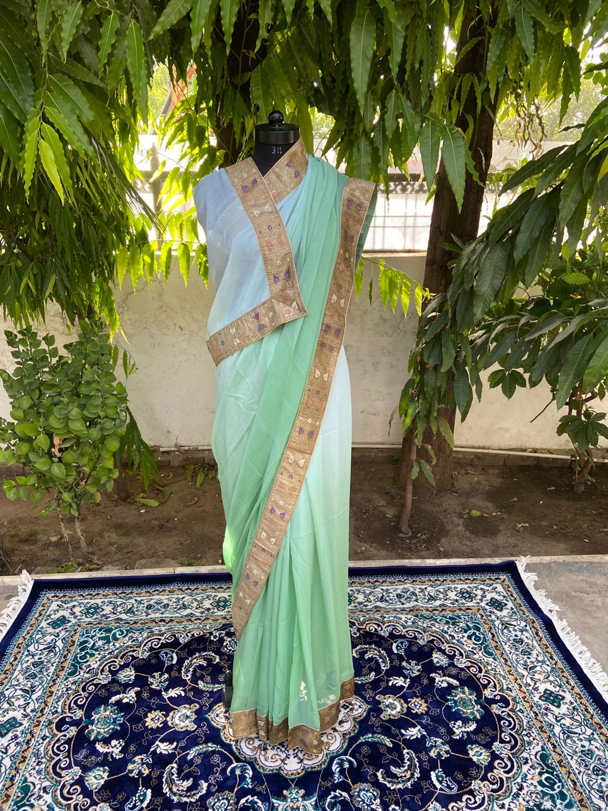 Sage green ombre antique border saree