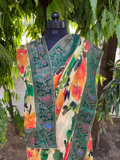 Yellow floral antique border saree