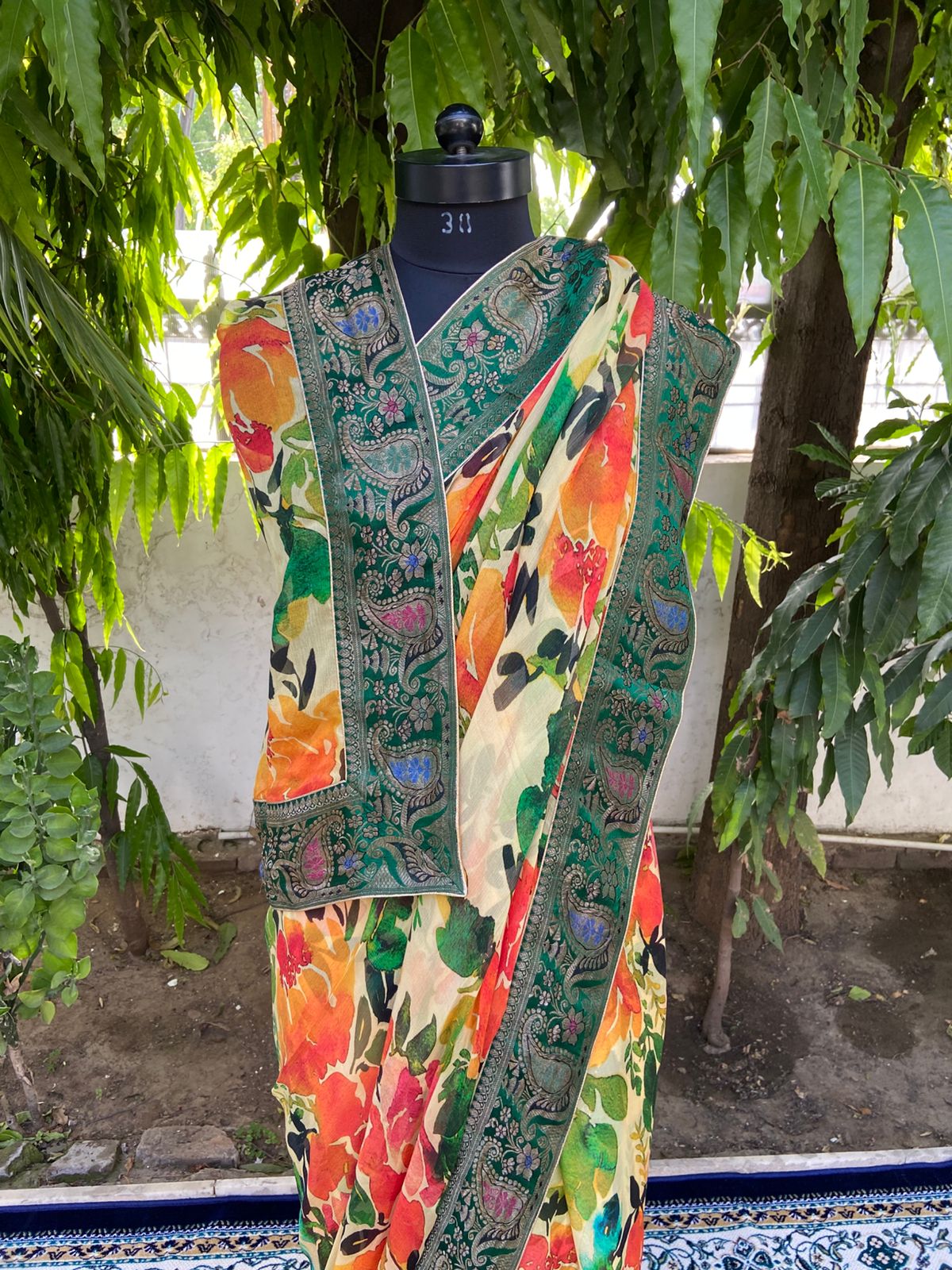 Yellow floral antique border saree