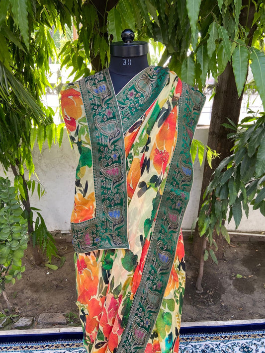 Yellow floral antique border saree