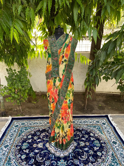 Yellow floral antique border saree