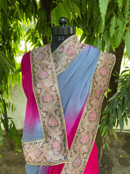 Rani to grey shaded antique border saree
