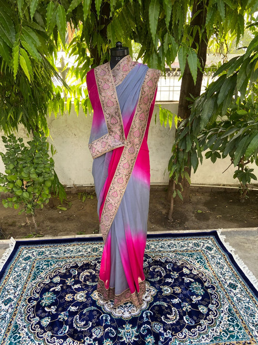 Rani to grey shaded antique border saree