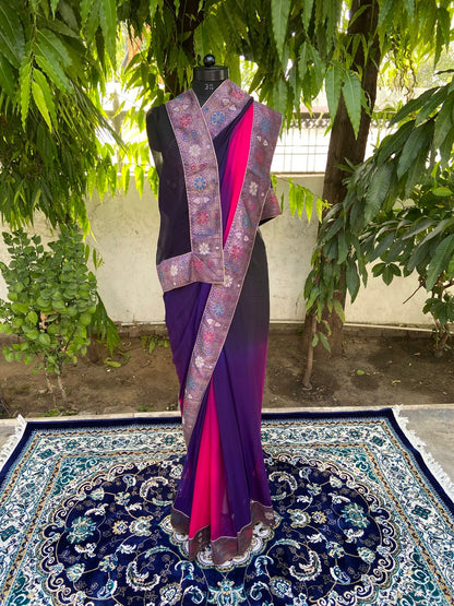 Black-purple shaded antique border saree