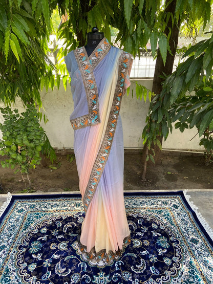 Grey to peach shaded antique border saree