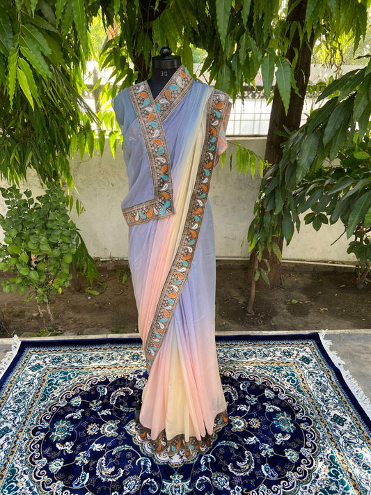 Grey to peach shaded antique border saree