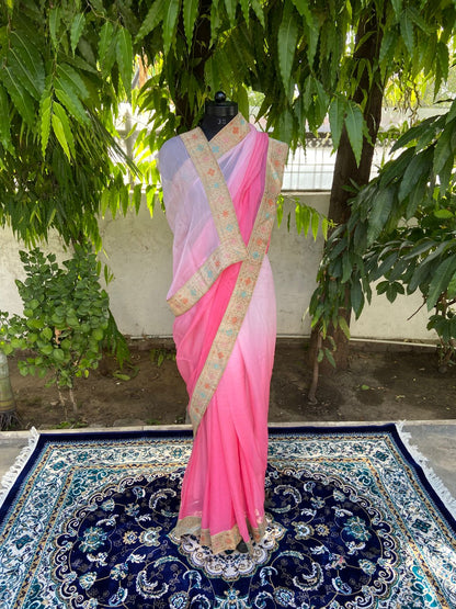 Pink shaded antique border saree