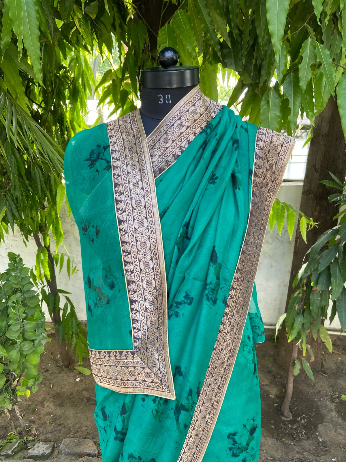 Green printed antique border saree