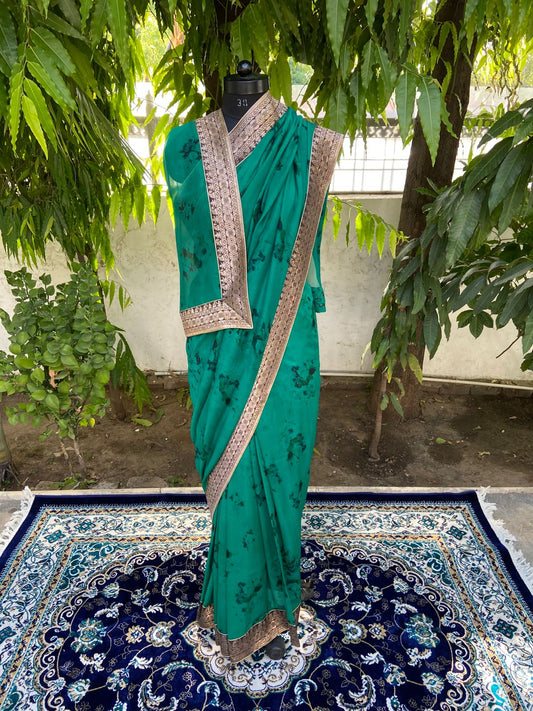 Green printed antique border saree
