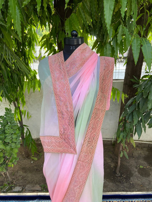 Pink-green shaded antique border saree
