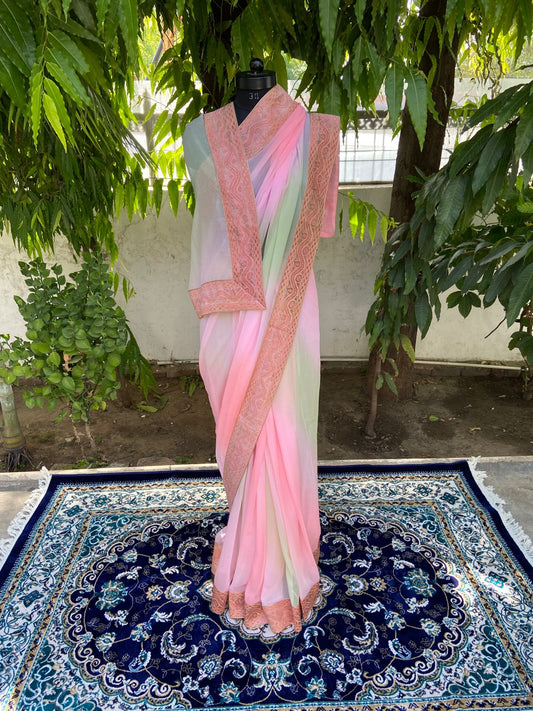 Pink-green shaded antique border saree