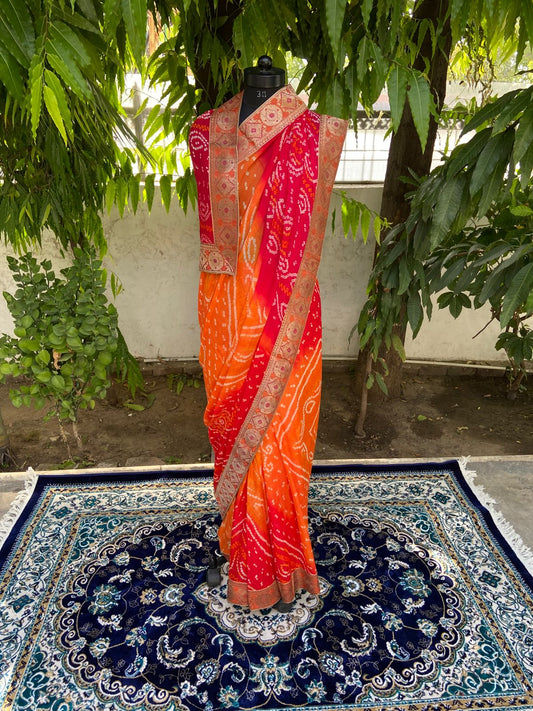Red orange bandhej printed antique border saree