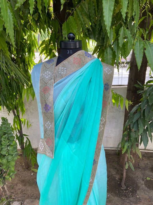 Aqua sea green ombre antique border saree