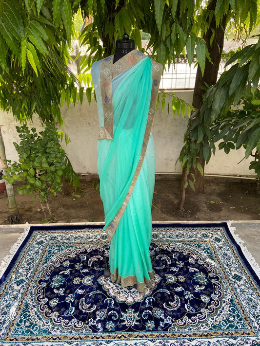 Aqua sea green ombre antique border saree