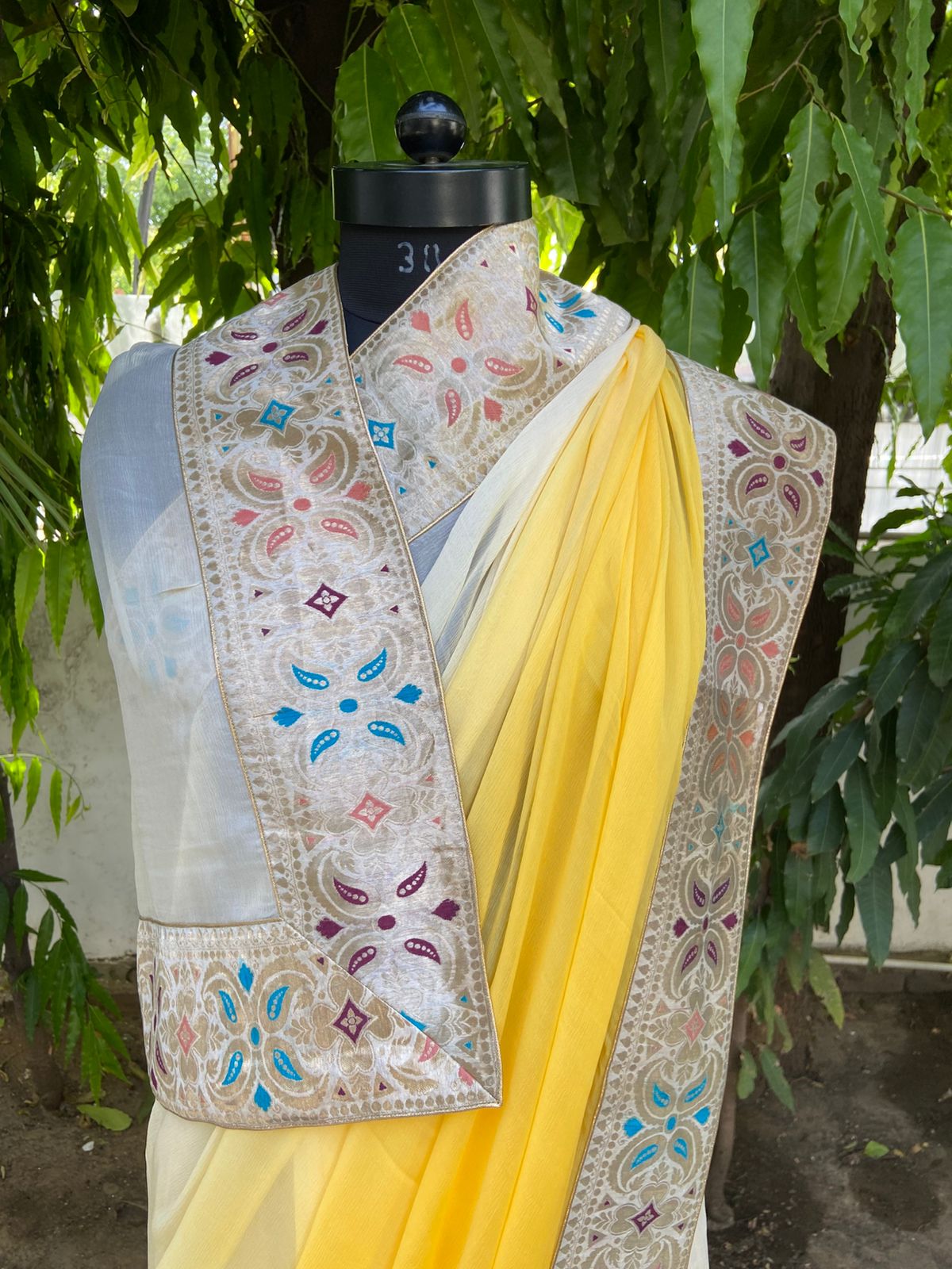 Yellow ombre antique border saree