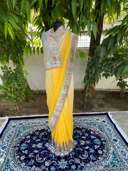 Yellow ombre antique border saree