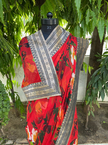 Red floral printed antique border saree