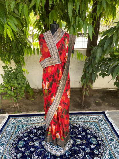Red floral printed antique border saree