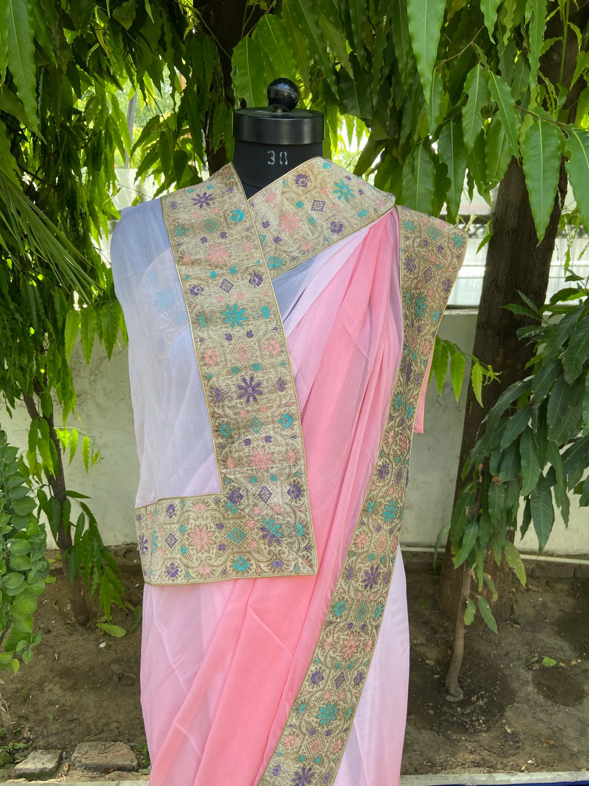Peach ombre antique border saree