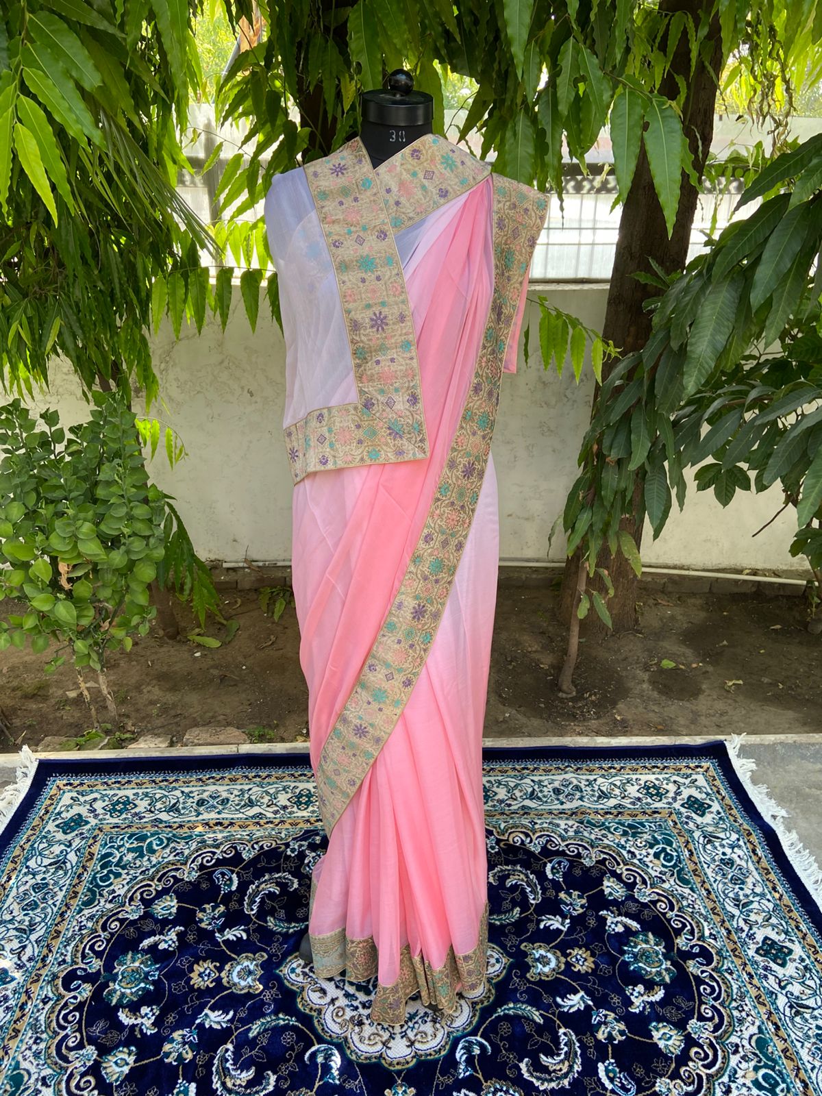 Peach ombre antique border saree